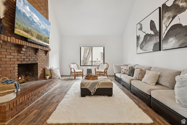 2255 E Camino Way Way S, Cottonwood Heights, UT 84121 - living room with high vaulted ceiling, dark wood finished floors, and a brick fireplace