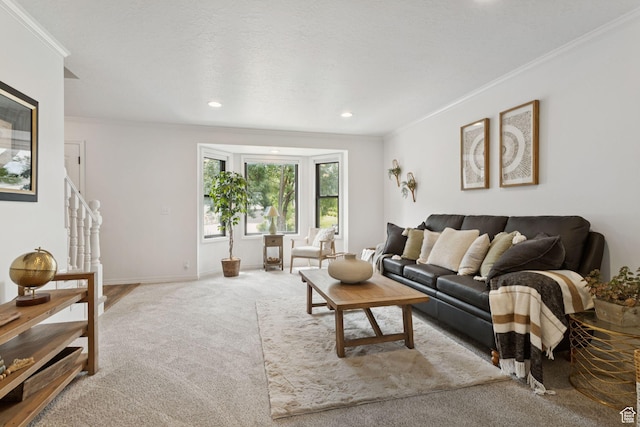 2255 E Camino Way Way S, Cottonwood Heights, UT 84121 - carpeted living room featuring crown molding, stairway, and recessed lighting