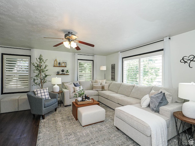 1152 E Gavin Cir, Draper, UT 84020 - living room with a ceiling fan, wood finished floors, and a textured ceiling