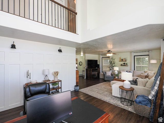 1152 E Gavin Cir, Draper, UT 84020 - living room with ceiling fan, dark wood finished floors, and a towering ceiling
