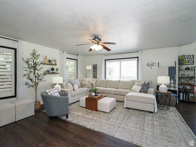 1152 E Gavin Cir, Draper, UT 84020 - living area featuring dark wood finished floors, ceiling fan, and a textured ceiling