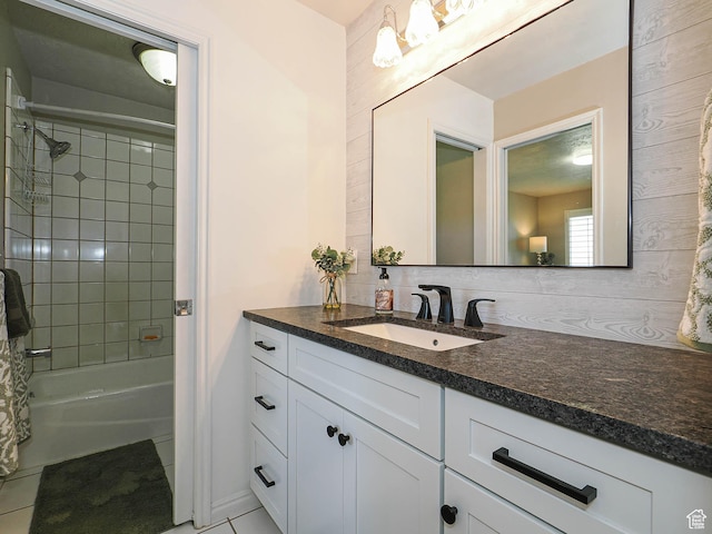 1152 E Gavin Cir, Draper, UT 84020 - bathroom with vanity, decorative backsplash, bathtub / shower combination, and tile patterned flooring