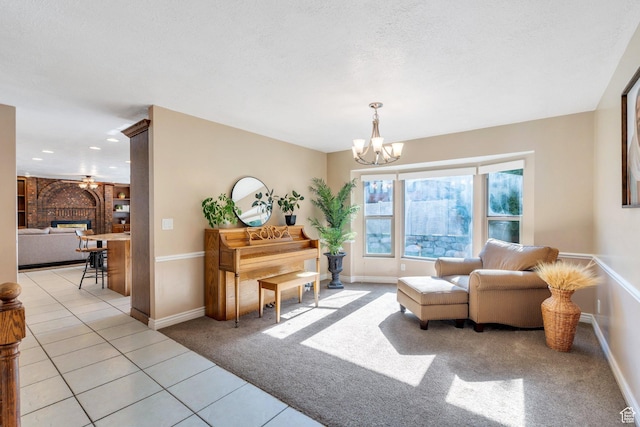 421 S 1400 E, Fruit Heights, UT 84037 - living area featuring a chandelier, light tile patterned floors, a fireplace, light carpet, and recessed lighting