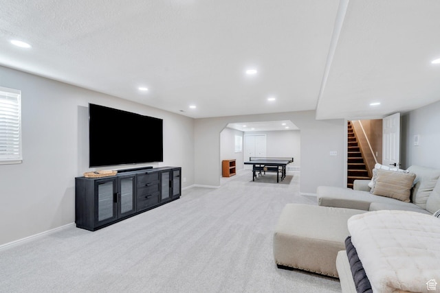 421 S 1400 E, Fruit Heights, UT 84037 - carpeted living area featuring stairway, recessed lighting, and arched walkways