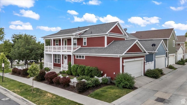 4988 W Currant Dr, South Jordan, UT 84009 - view of front of house featuring a porch, a balcony, a shingled roof, driveway, and a front yard