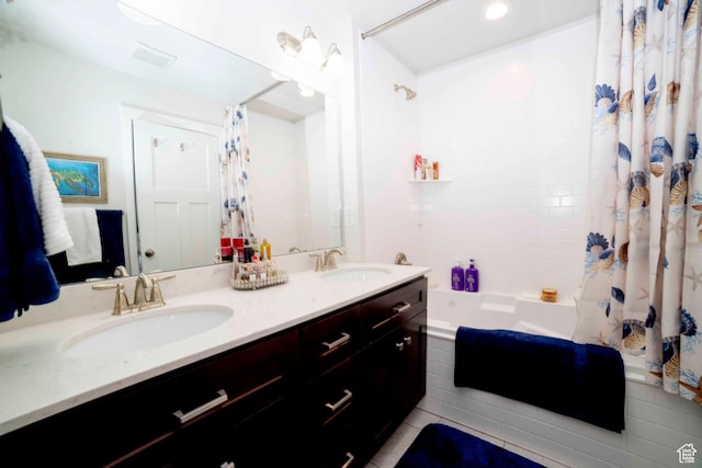6122 W Lake Ave S, South Jordan, UT 84009 - full bath featuring shower / bathtub combination with curtain, double vanity, and tile patterned flooring