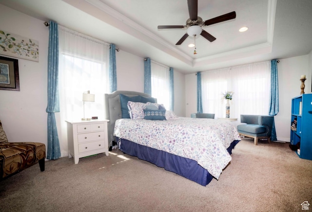 6122 W Lake Ave S, South Jordan, UT 84009 - bedroom with carpet flooring, a tray ceiling, crown molding, recessed lighting, and ceiling fan