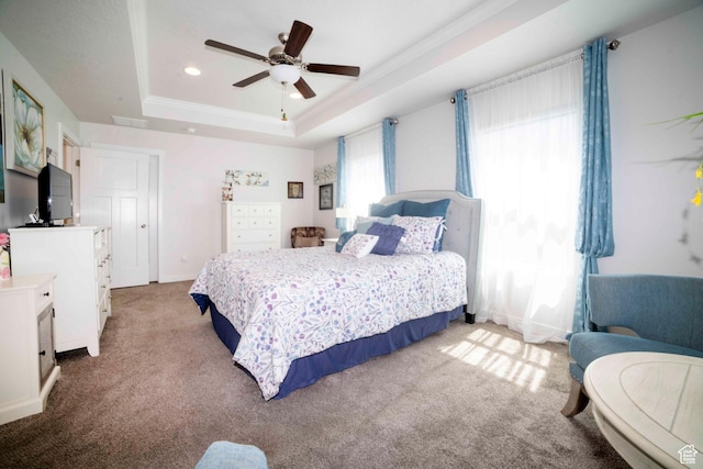 6122 W Lake Ave S, South Jordan, UT 84009 - bedroom with a tray ceiling, carpet floors, ornamental molding, recessed lighting, and ceiling fan