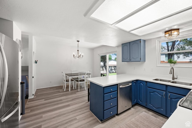 1609 E Sego Lily Dr, Sandy, UT 84092 - kitchen featuring stainless steel appliances, blue cabinetry, a peninsula, light wood-style flooring, and light countertops