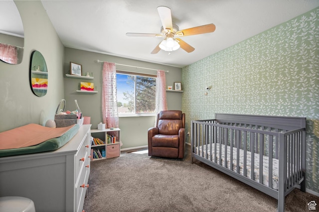 1609 E Sego Lily Dr, Sandy, UT 84092 - bedroom with a crib, carpet floors, wallpapered walls, and a ceiling fan