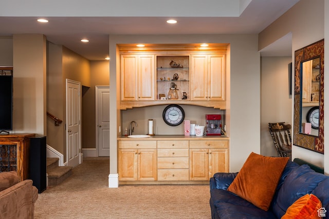 1781 Lorien Dr, Bountiful, UT 84010 - bar featuring light colored carpet, recessed lighting, and stairway