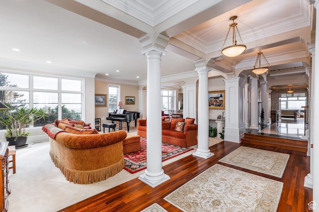 1781 Lorien Dr, Bountiful, UT 84010 - living area featuring ornate columns, hardwood / wood-style floors, ornamental molding, and recessed lighting