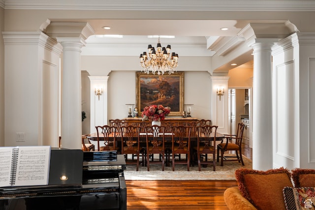 1781 Lorien Dr, Bountiful, UT 84010 - dining room with wood finished floors, decorative columns, crown molding, a chandelier, and recessed lighting
