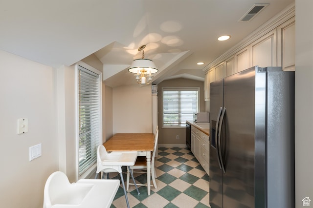 1781 Lorien Dr, Bountiful, UT 84010 - kitchen with stainless steel fridge with ice dispenser, light floors, recessed lighting, dishwashing machine, and cream cabinetry