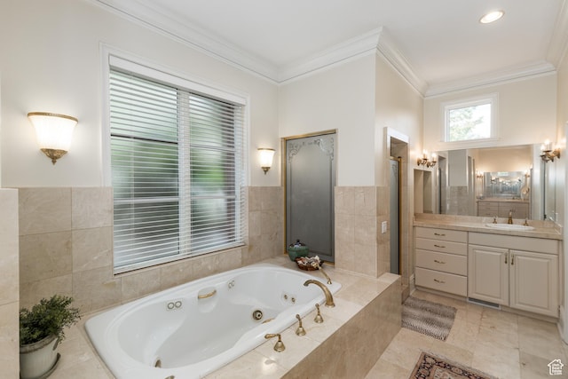 1781 Lorien Dr, Bountiful, UT 84010 - full bath with tile walls, vanity, crown molding, a tub with jets, and a stall shower