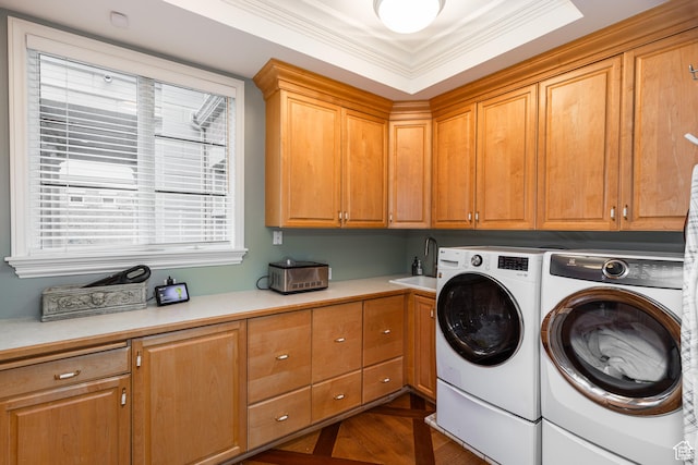 1781 Lorien Dr, Bountiful, UT 84010 - laundry room with washer and clothes dryer, cabinet space, healthy amount of natural light, and ornamental molding