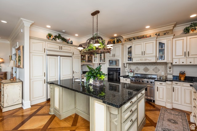 1781 Lorien Dr, Bountiful, UT 84010 - kitchen featuring built in appliances, backsplash, cream cabinets, glass insert cabinets, and ornamental molding