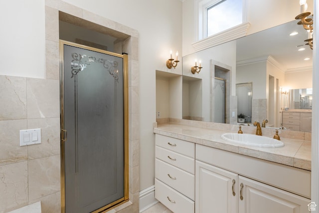 1781 Lorien Dr, Bountiful, UT 84010 - full bathroom featuring a shower stall, vanity, and crown molding