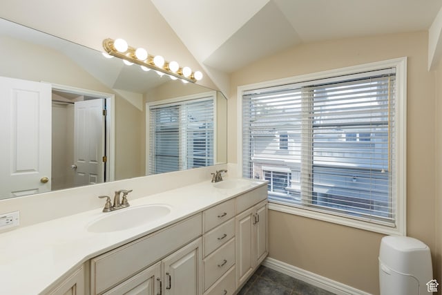 1781 Lorien Dr, Bountiful, UT 84010 - bathroom featuring plenty of natural light, double vanity, and vaulted ceiling