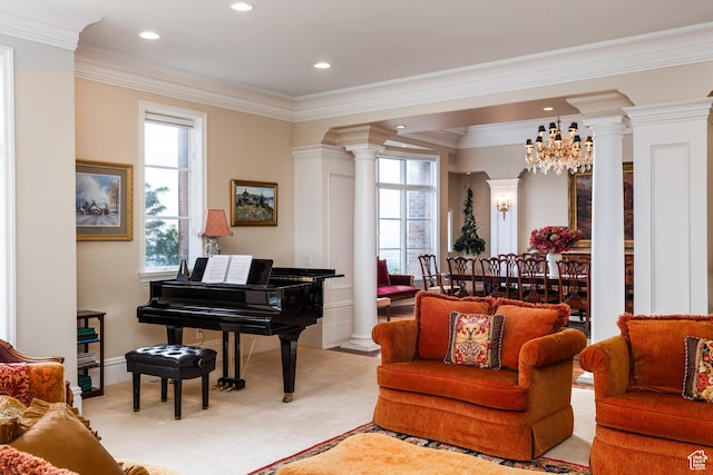 1781 Lorien Dr, Bountiful, UT 84010 - living room with decorative columns, crown molding, a chandelier, and recessed lighting