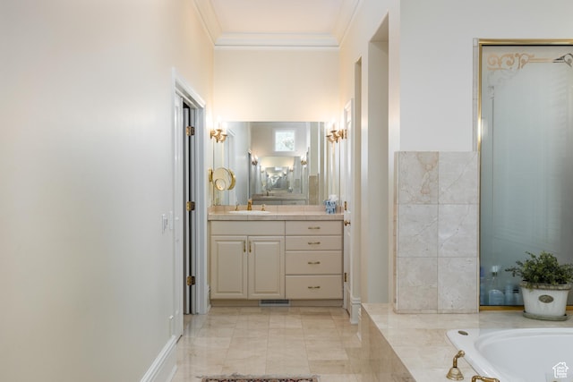 1781 Lorien Dr, Bountiful, UT 84010 - full bathroom featuring vanity, a garden tub, and ornamental molding