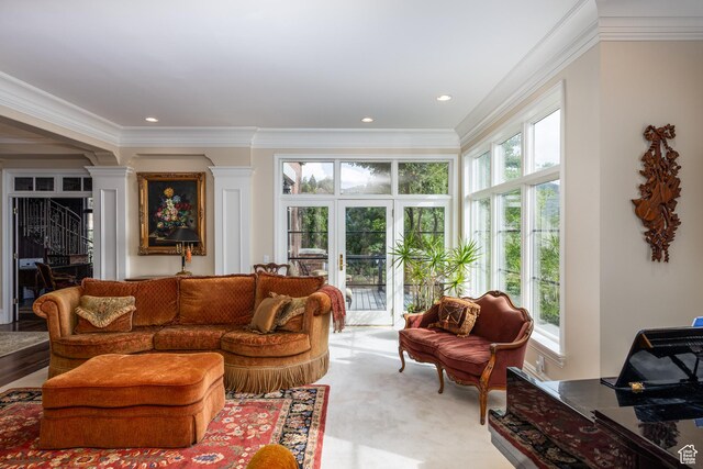 1781 Lorien Dr, Bountiful, UT 84010 - living room featuring ornamental molding, healthy amount of natural light, ornate columns, and recessed lighting