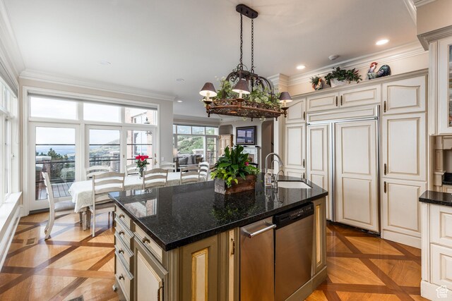1781 Lorien Dr, Bountiful, UT 84010 - kitchen featuring stainless steel dishwasher, a chandelier, cream cabinets, ornamental molding, and recessed lighting