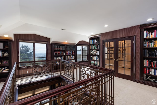 1781 Lorien Dr, Bountiful, UT 84010 - corridor with an upstairs landing, french doors, carpet, vaulted ceiling, and recessed lighting