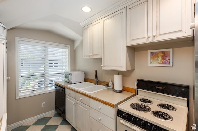 1781 Lorien Dr, Bountiful, UT 84010 - kitchen with white appliances, light countertops, vaulted ceiling, white cabinetry, and light flooring