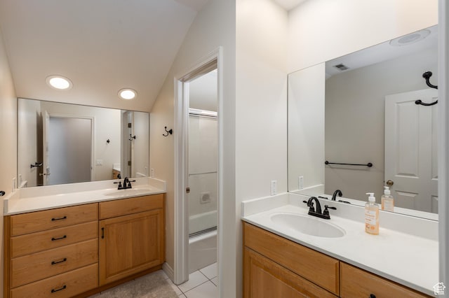 1781 Lorien Dr, Bountiful, UT 84010 - full bathroom with vanity, shower / bath combination with glass door, tile patterned flooring, recessed lighting, and lofted ceiling