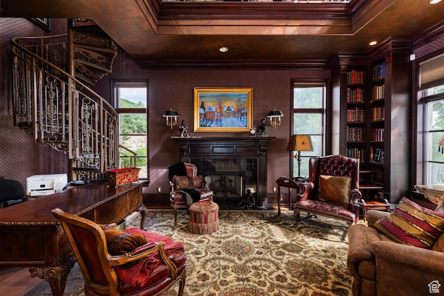 1781 Lorien Dr, Bountiful, UT 84010 - living area featuring crown molding, a glass covered fireplace, and stairway
