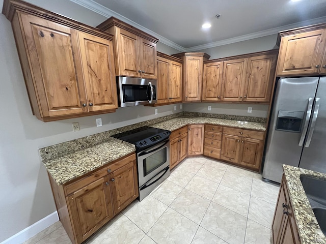 982 W 960 N Unit 101, Orem, UT 84057 - kitchen featuring stainless steel appliances, crown molding, brown cabinets, light stone countertops, and light tile patterned floors