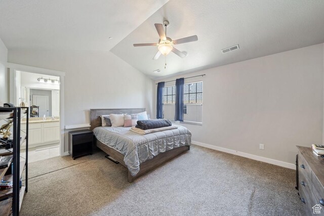 862 W Capraia Ct, Midvale, UT 84047 - bedroom with light carpet, lofted ceiling, ceiling fan, and ensuite bathroom