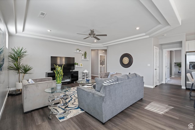 974 N Pleasant Valley Ln, Washington, UT 84780 - living room featuring a tray ceiling, ceiling fan, dark wood-style flooring, and recessed lighting