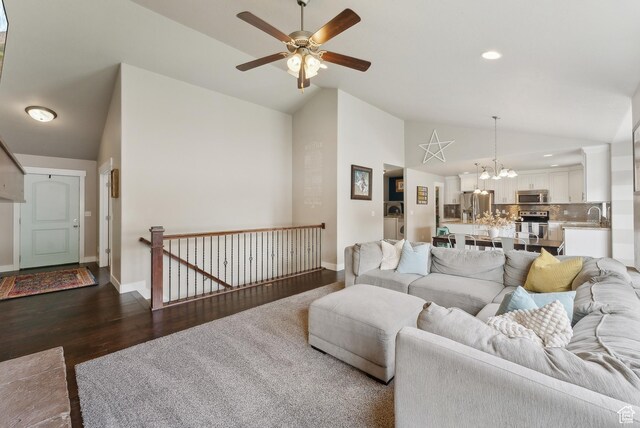 631 S Falkirk Rd, Heber City, UT 84032 - living area featuring a ceiling fan, a chandelier, high vaulted ceiling, recessed lighting, and dark wood finished floors