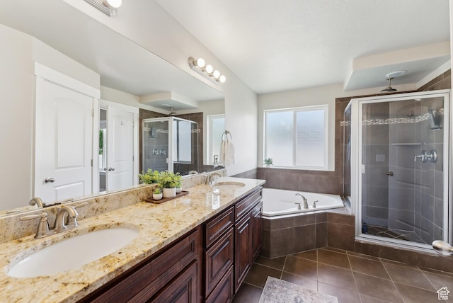 631 S Falkirk Rd, Heber City, UT 84032 - bathroom with a stall shower, double vanity, tile patterned flooring, and a garden tub