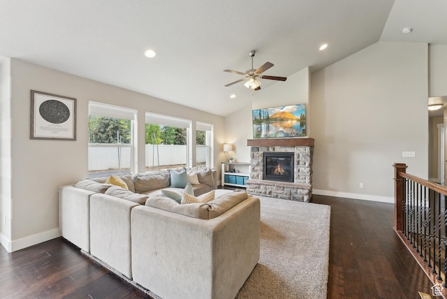 631 S Falkirk Rd, Heber City, UT 84032 - living area with vaulted ceiling, a ceiling fan, dark wood finished floors, recessed lighting, and a stone fireplace
