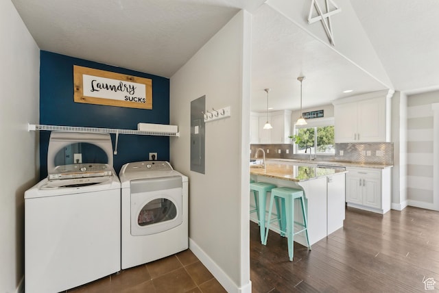 631 S Falkirk Rd, Heber City, UT 84032 - washroom featuring separate washer and dryer, electric panel, and dark wood-style floors
