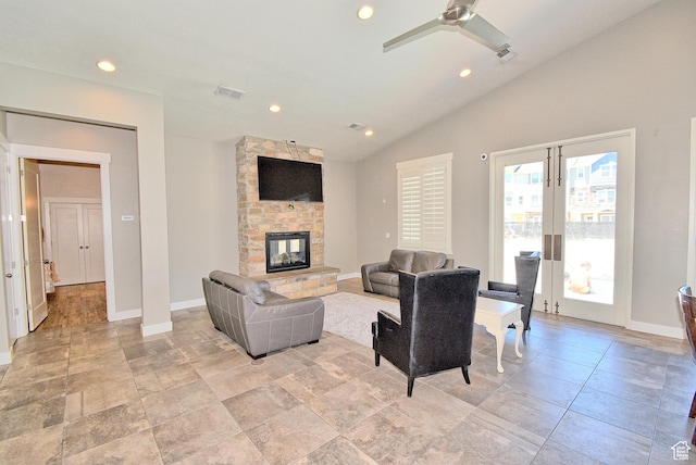 685 E 355 N, Vineyard, UT 84059 - living room featuring french doors, a fireplace, vaulted ceiling, ceiling fan, and recessed lighting