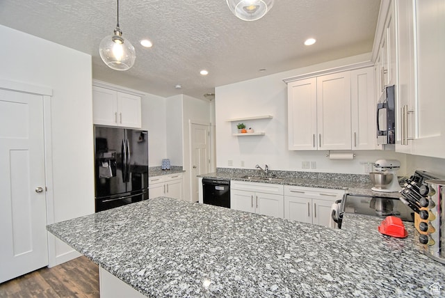 685 E 355 N, Vineyard, UT 84059 - kitchen with black appliances, a peninsula, dark wood-type flooring, recessed lighting, and white cabinets
