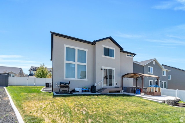 131 N Desert Sage Dr, Saratoga Springs, UT 84045 - back of house with a pergola, a patio, a fenced backyard, and stucco siding