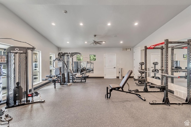 10925 N Marsala Dr, Highland, UT 84003 - exercise room with lofted ceiling, plenty of natural light, recessed lighting, and ceiling fan