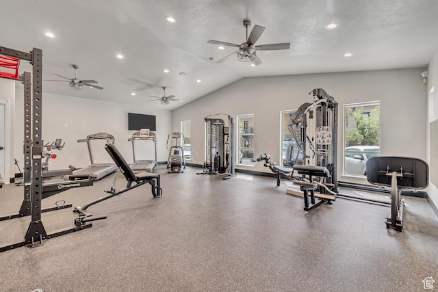 10925 N Marsala Dr, Highland, UT 84003 - gym featuring ceiling fan, recessed lighting, and vaulted ceiling