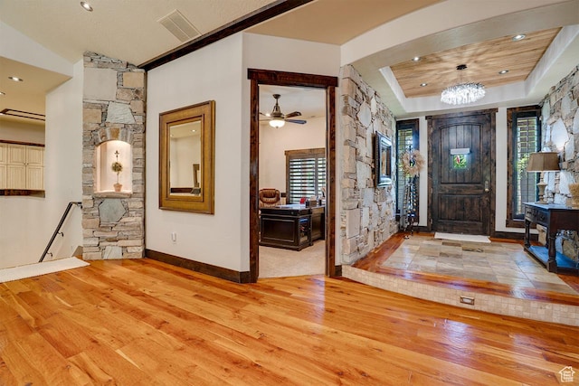 1307 N Dutch Highland Dr, Midway, UT 84049 - foyer entrance featuring hardwood / wood-style floors, a chandelier, recessed lighting, a tray ceiling, and lofted ceiling