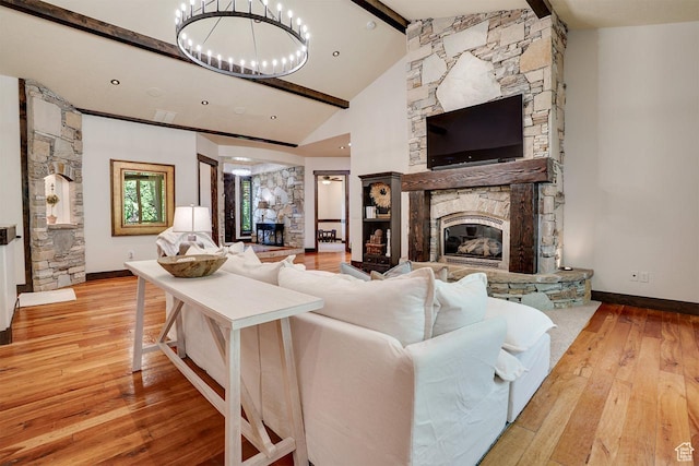 1307 N Dutch Highland Dr, Midway, UT 84049 - living room with a fireplace, beamed ceiling, wood-type flooring, a chandelier, and high vaulted ceiling