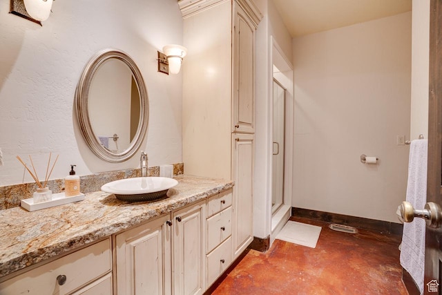 1307 N Dutch Highland Dr, Midway, UT 84049 - full bathroom featuring a stall shower, vanity, and finished concrete floors