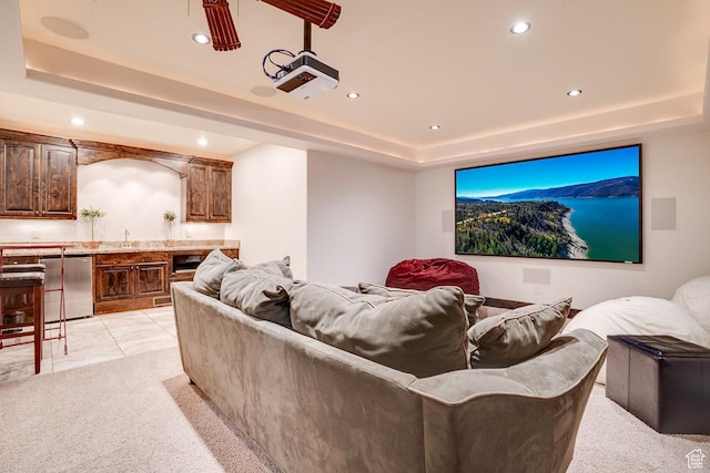 1307 N Dutch Highland Dr, Midway, UT 84049 - cinema featuring a raised ceiling, recessed lighting, light colored carpet, and bar with sink