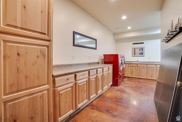 1307 N Dutch Highland Dr, Midway, UT 84049 - kitchen featuring light brown cabinets, recessed lighting, light countertops, and finished concrete flooring