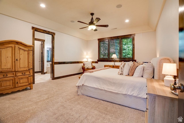1307 N Dutch Highland Dr, Midway, UT 84049 - bedroom featuring light colored carpet, ensuite bathroom, recessed lighting, light tile patterned floors, and ceiling fan