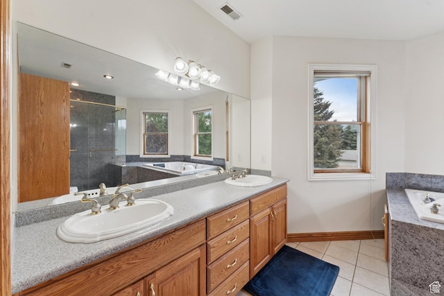 3136 W 2400th St S, Charleston, UT 84032 - bathroom featuring a bath, a shower stall, tile patterned flooring, and double vanity